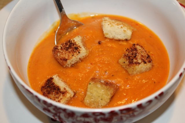 Kel's Roasted Butternut and Red pepper soup with homemade croutons