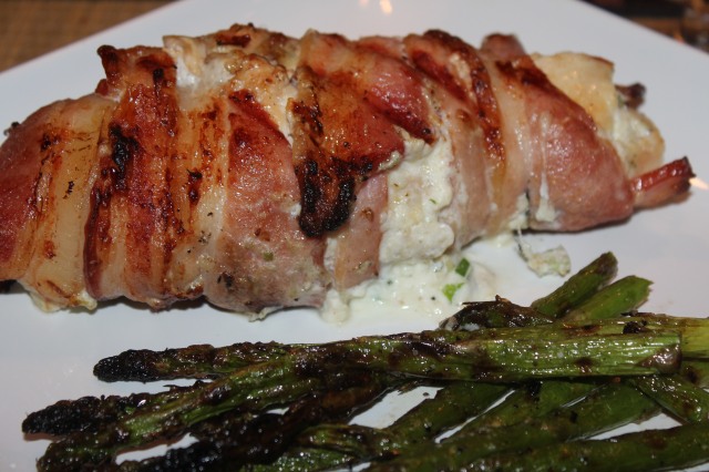 Kel's Boursin cheese and Jalapeno stuffed chicken wrapped in bacon