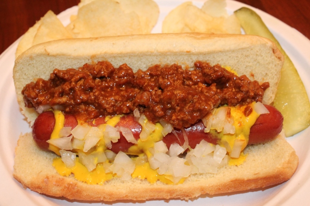 Hot dog with Kel's homemade chili sauce